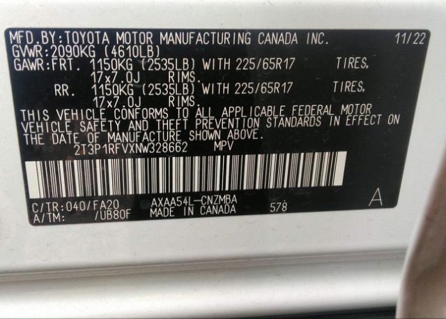 2022 TOYOTA RAV4(VIN: 2T3P1RFVXNW328662