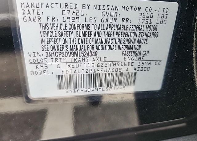 2021 NISSAN KICKS(VIN: 3N1CP5DV9ML524349