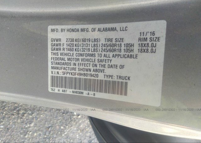 5FPYK3F49HB019420 2017 HONDA RIDGELINE