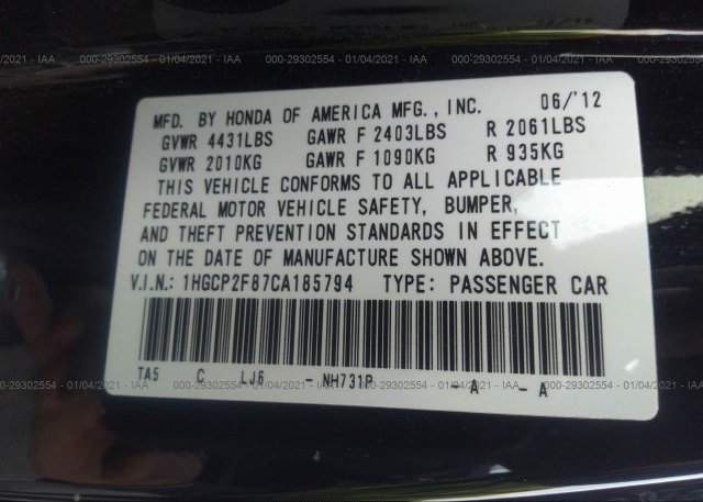 1HGCP2F87CA185794 2012 HONDA ACCORD SDN