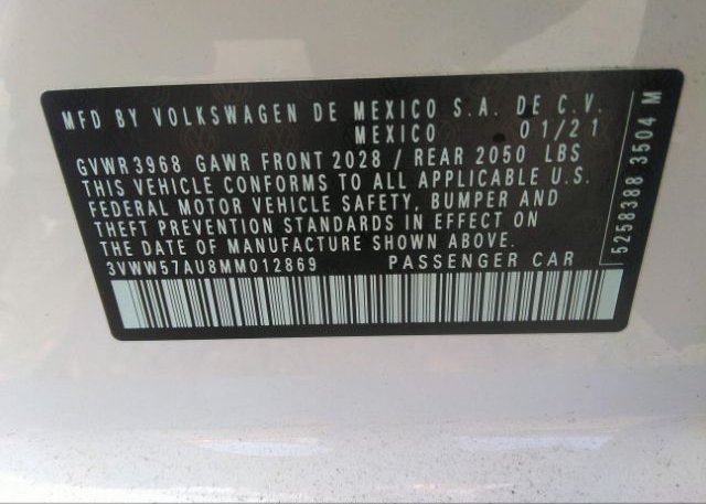 2021 VOLKSWAGEN GOLF(VIN: 3VWW57AU8MM012869