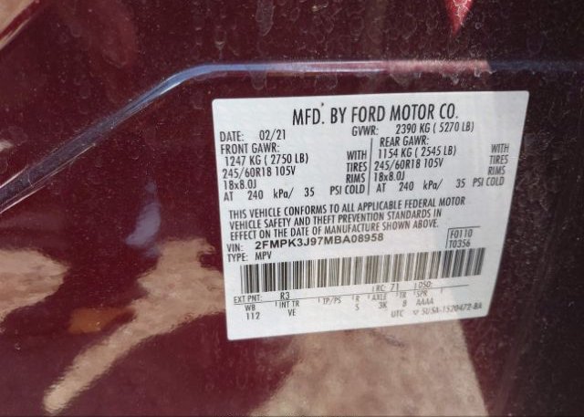 2021 FORD EDGE(VIN: 2FMPK3J97MBA08958