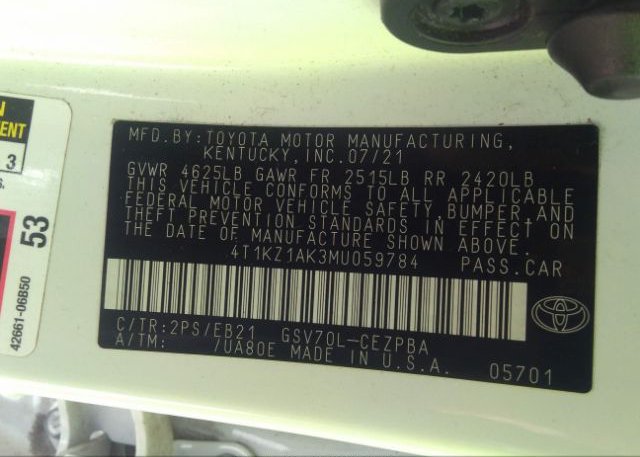 2021 TOYOTA CAMRY(VIN: 4T1KZ1AK3MU059784