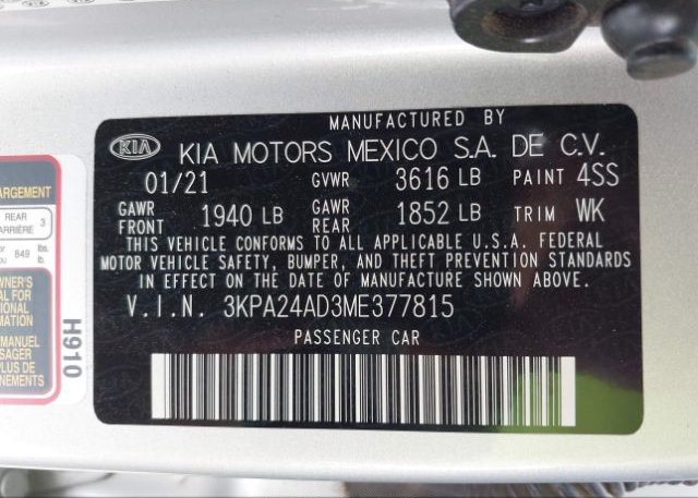 2021 KIA RIO(VIN: 3KPA24AD3ME377815