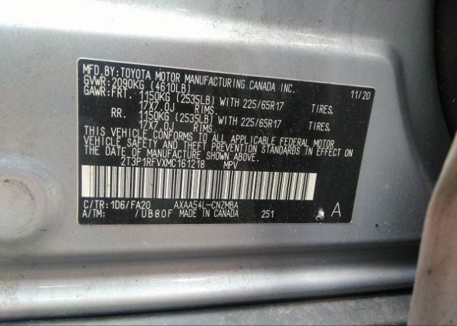 2021 TOYOTA RAV4(VIN: 2T3P1RFVXMC161218