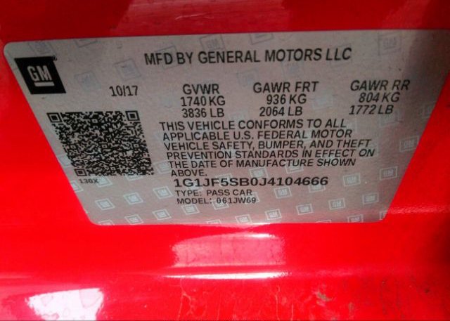 2018 CHEVROLET SONIC VIN: 1G1JF5SB0J4104666