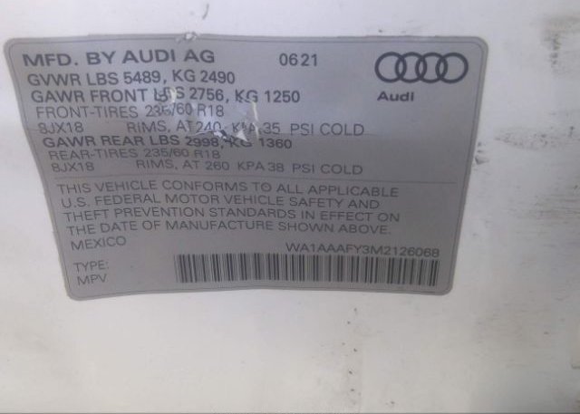 2021 AUDI Q5 VIN: WA1AAAFY3M2126068