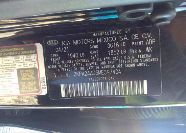 2021 KIA RIO(VIN: 3KPA24AD5ME397404