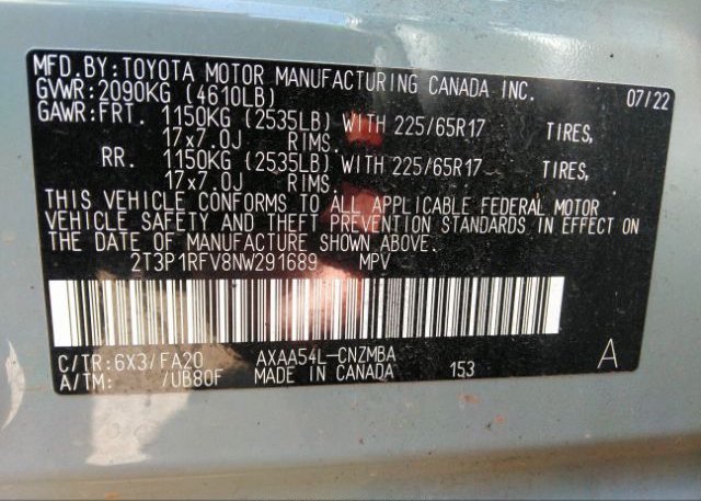 2022 TOYOTA RAV4(VIN: 2T3P1RFV8NW291689