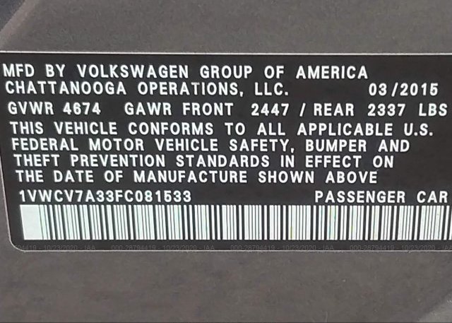 1VWCV7A33FC081533 2015 VOLKSWAGEN PASSAT