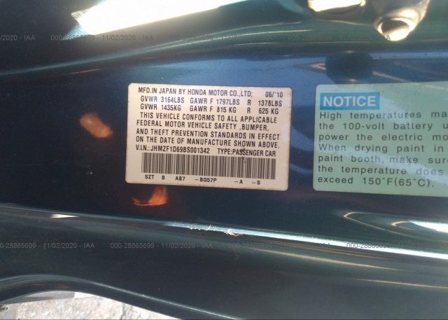 JHMZF1D69BS001342 2011 HONDA CR-Z