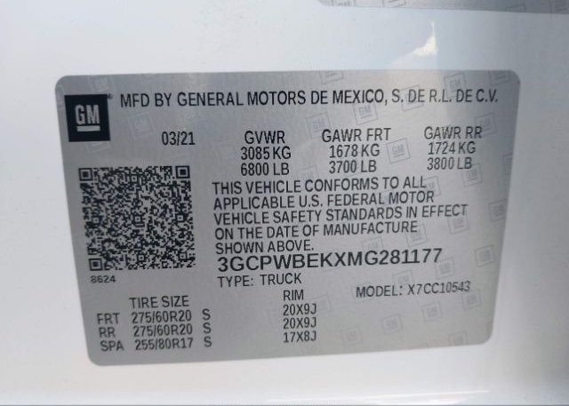 2021 CHEVROLET SILVERADO 1500(VIN: 3GCPWBEKXMG281177