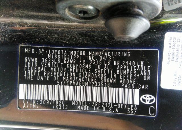 2021 TOYOTA COROLLA(VIN: 5YFEPMAE9MP233518