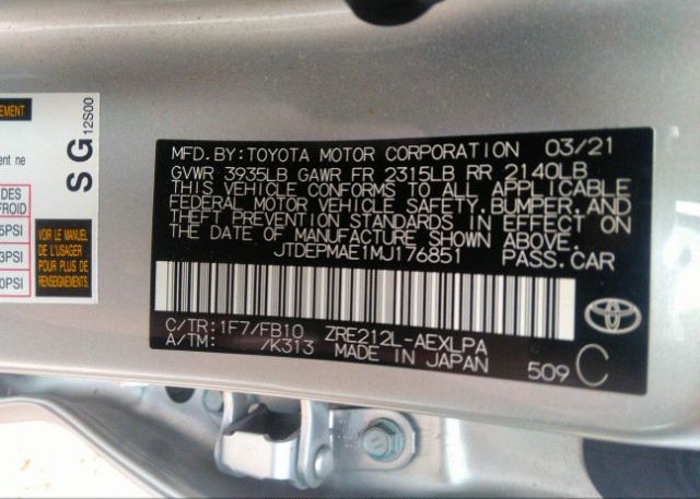 2021 TOYOTA COROLLA(VIN: JTDEPMAE1MJ176851