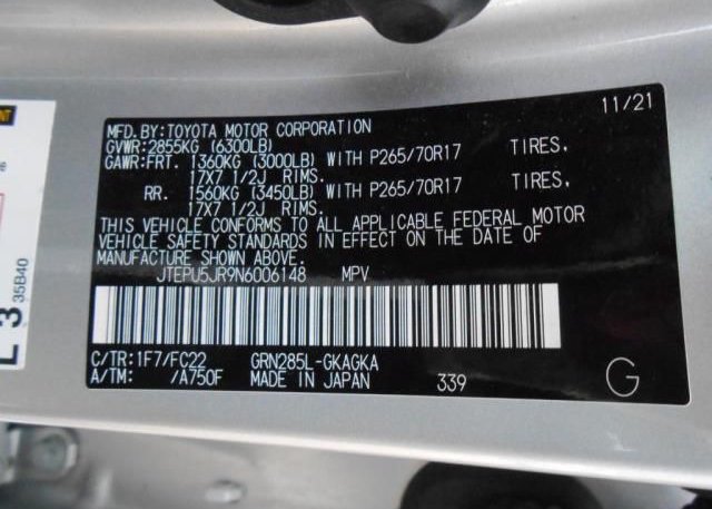 2022 TOYOTA 4RUNNER(VIN: JTEPU5JR9N6006148