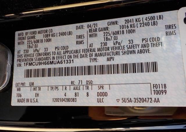 2021 FORD ESCAPE(VIN: 1FMCU9H66MUA61331