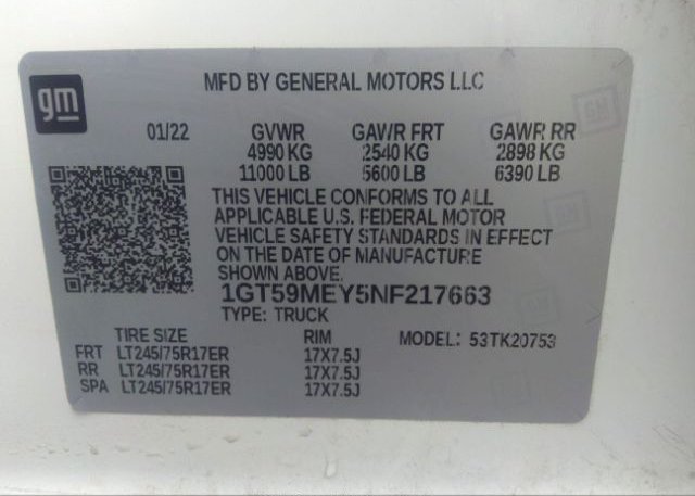 2022 GENERAL MOTORS SIERRA 2500HD(VIN: 1GT59MEY5NF217663