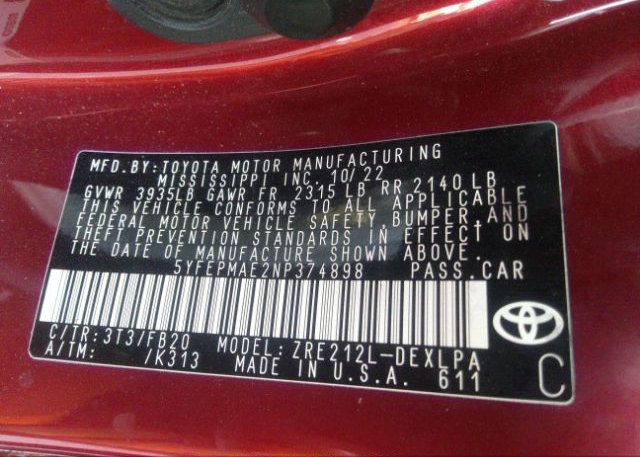 2022 TOYOTA COROLLA(VIN: 5YFEPMAE2NP374898