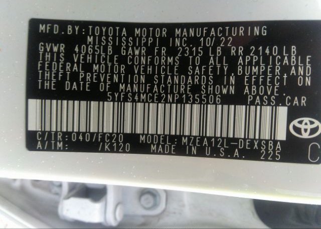 2022 TOYOTA COROLLA(VIN: 5YFS4MCE2NP135506
