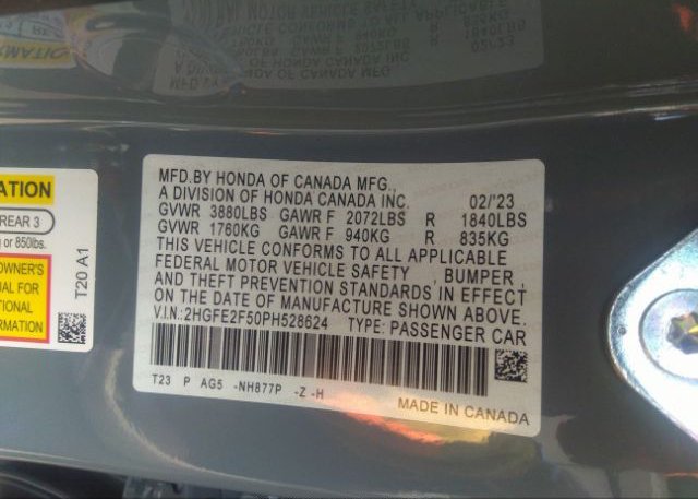 2023 HONDA CIVIC SEDAN(VIN: 2HGFE2F50PH528624