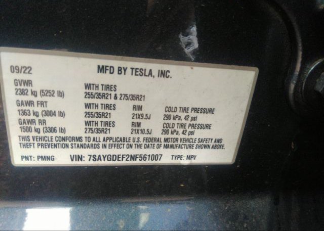 2022 TESLA MODEL Y(VIN: 7SAYGDEF2NF561007