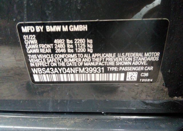 2022 BMW M3(VIN: WBS43AY04NFM39931