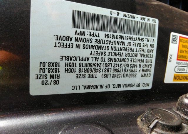 2021 HONDA PILOT(VIN: 5FNYF6H51MB018194