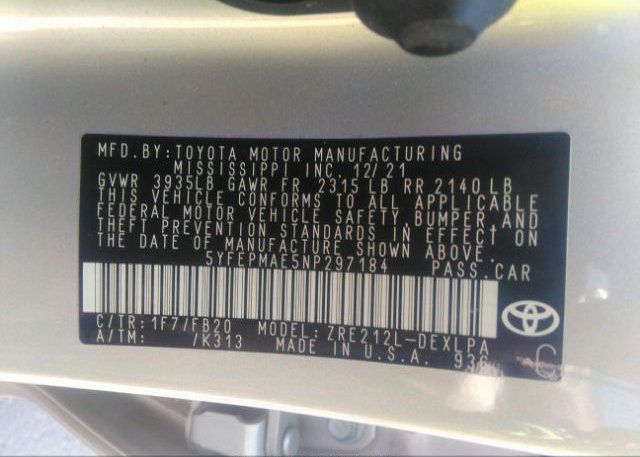 2022 TOYOTA COROLLA(VIN: 5YFEPMAE5NP297184