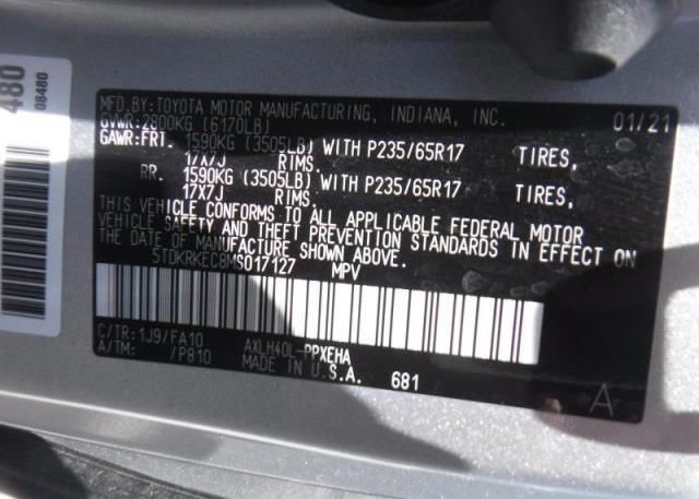 2021 TOYOTA SIENNA(VIN: 5TDKRKEC8MS017127