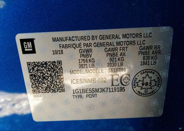 2019 CHEVROLET CRUZE VIN: 1G1BE5SM3K7119185