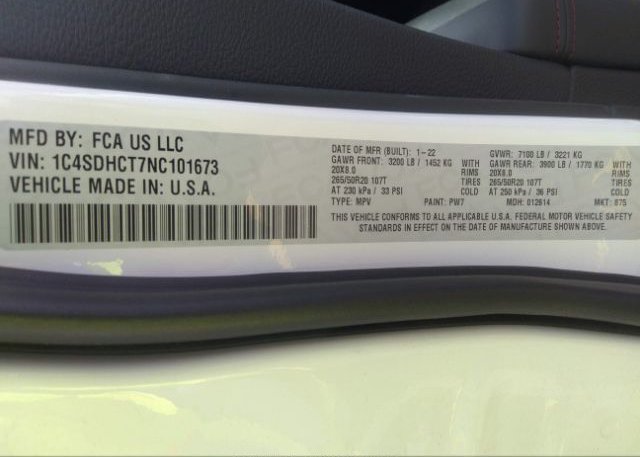 2022 DODGE DURANGO(VIN: 1C4SDHCT7NC101673