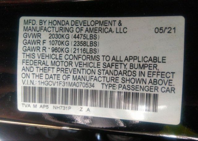 2021 HONDA ACCORD SEDAN(VIN: 1HGCV1F31MA070534