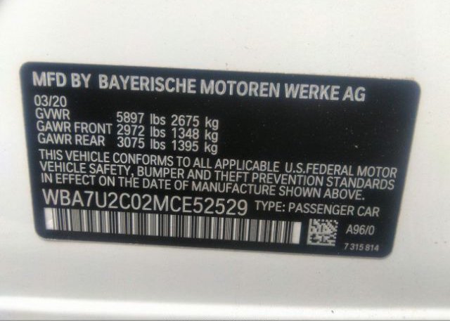 2021 BMW 7 SERIES(VIN: WBA7U2C02MCE52529