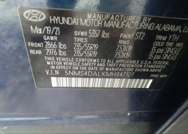 2021 HYUNDAI SANTA FE(VIN: 5NMS4DALXMH347127