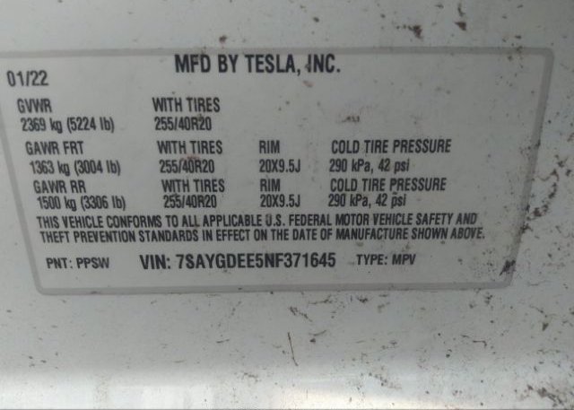 2022 TESLA MODEL Y(VIN: 7SAYGDEE5NF371645