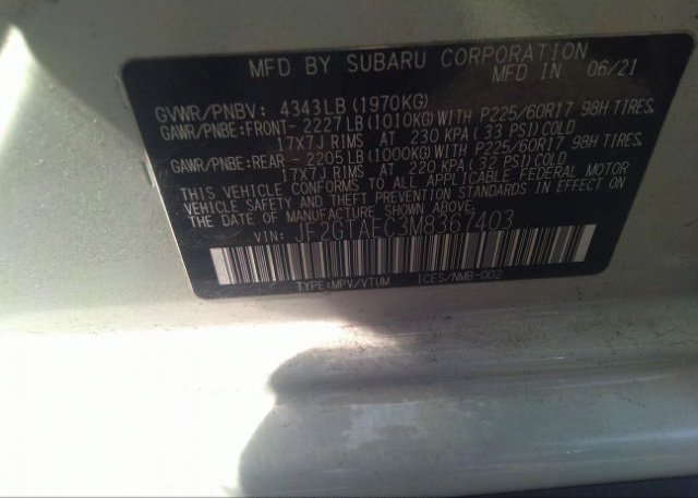 2021 SUBARU CROSSTREK(VIN: JF2GTAEC3M8367403