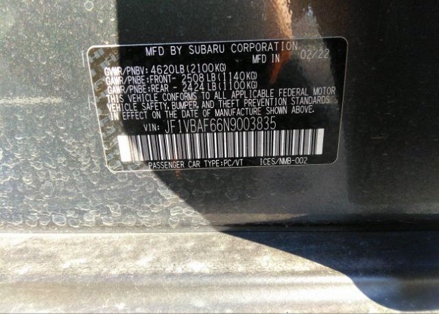 2022 SUBARU WRX(VIN: JF1VBAF66N9003835