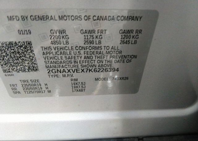 2019 CHEVROLET EQUINOX VIN: 2GNAXVEX7K6226394