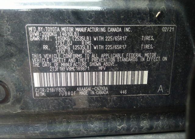 2021 TOYOTA RAV4(VIN: 2T3F1RFV8MC189871