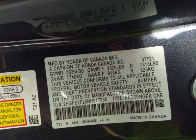 2022 HONDA CIVIC SEDAN(VIN: 2HGFE2F25NH517850