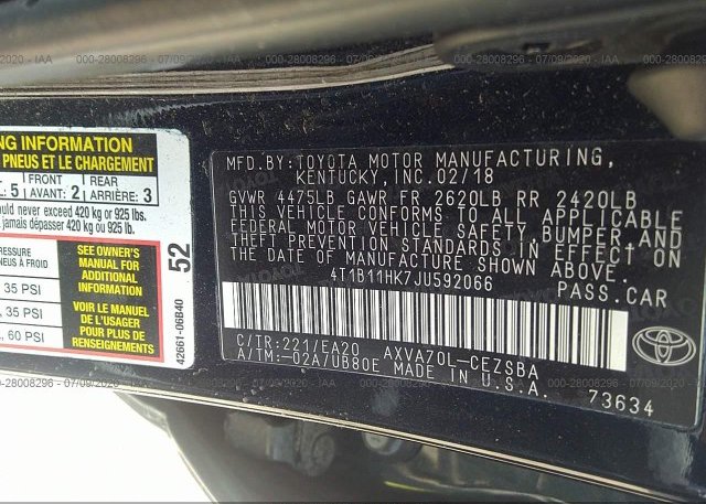 4T1B11HK7JU592066 2018 Toyota CAMRY