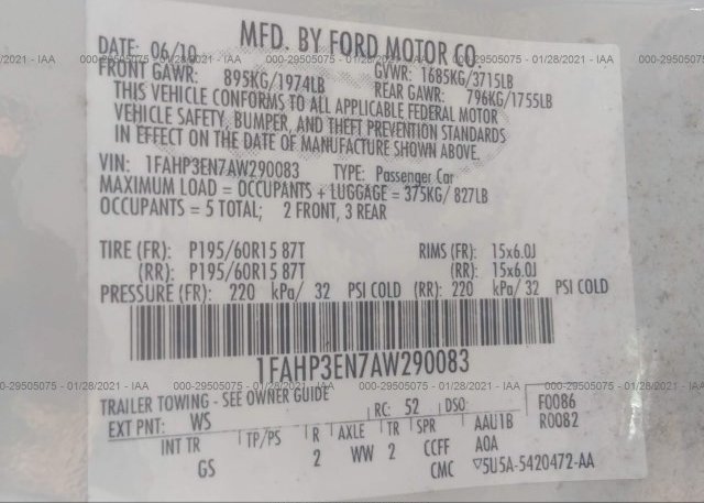 1FAHP3EN7AW290083 2010 FORD FOCUS