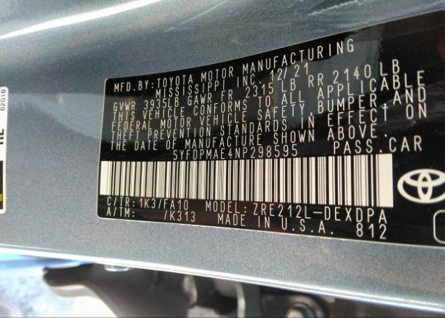2022 TOYOTA COROLLA(VIN: 5YFDPMAE4NP298595