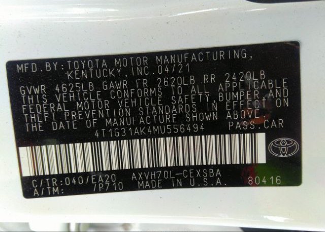 2021 TOYOTA CAMRY(VIN: 4T1G31AK4MU556494
