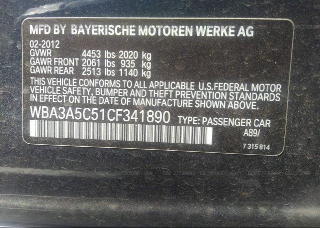 WBA3A5C51CF341890 2012 BMW 3 SERIES