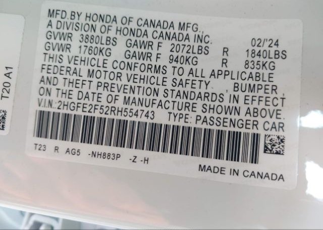 2024 HONDA CIVIC(VIN: 2HGFE2F52RH554743