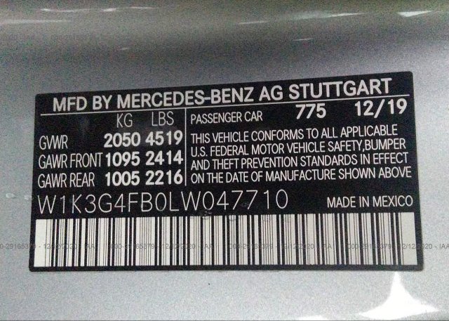 W1K3G4FB0LW047710 2020 MERCEDES-BENZ A-CLASS