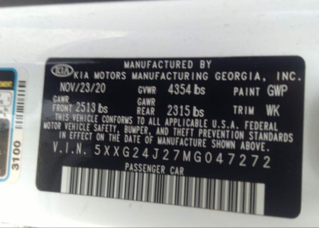 2021 KIA K5(VIN: 5XXG24J27MG047272