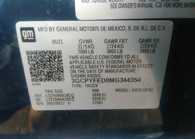 2021 CHEVROLET SILVERADO 1500(VIN: 3GCPYFED0MG344354
