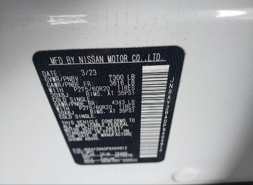 2023 NISSAN ARMADA SL 2WD(VIN: JN8AY2BA0P9404912